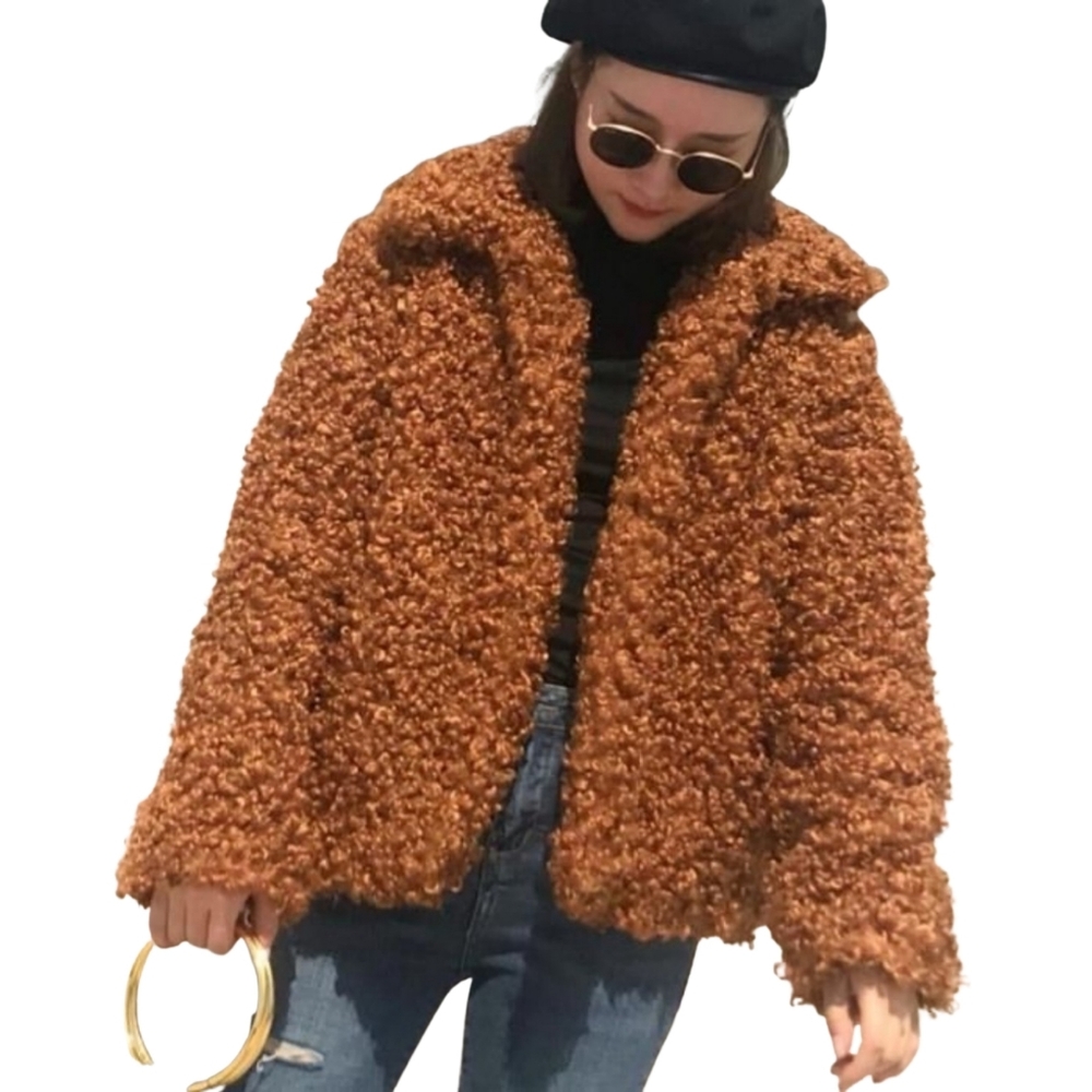 ZARA | Faux Fur Curly Sherpa Brown Lapel Jacket | Women's Small - Picture 4 of 15